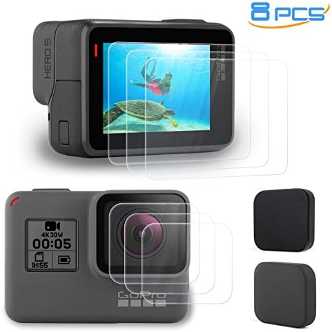 [8 pcs] GearPro Lens Cap and Tempered Glass Screen &amp; Lens Protector, 3 Set Anti-scratch Glass Screen and Lens Protector + 2 Pack Protective Lens Cover Accessories for GoPro Hero 5/Hero 6 (2018)