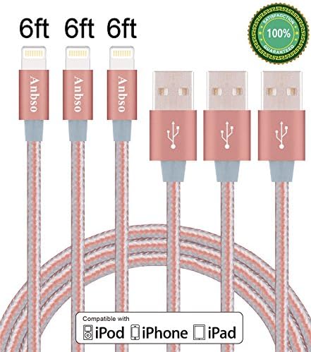 Anbso 3Pack 6FT Lightning to USB Cable Charger with 8-Pin Connector Compatible with iPhone 6/ 6 Plus/ 6s/ 6s Plus /5/5s/5c/iPad/iPod and More (Rose Golden )