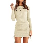 OWIN Women's Long Sleeve Ribbed Knit Casual Bodycon Mini Dress Ruched Drawstring Fall Pullover Sweater Dresses