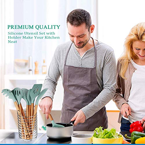Kitchen Utensil Set 8 Piece Silicone Cooking Utensils Set, Wood Kitchen Utensils for Nonstick Cookware, BPA Free & Non Toxic Turner Tongs Spatula Spoon Set, Kitchen Tools Gadgets with Utensil Holder