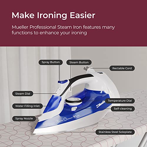 Mueller Professional Grade Steam Iron, Retractable Cord for Easy Storage, Shot of Steam/Vertical