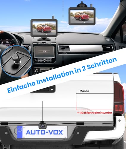 AUTO-VOX Wireless Reversing Camera Set: 5 Inch HD Monitor, 30 Minutes Mounting, Stable Digital Signal, Supports 2 Cameras & Colour Night Vision, Rear View Camera for Car, Pickup, SUV, Van