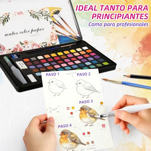 LSHSXPX Acuarelas Profesionales, 60 Colores, Pintura de Acuarela, Adecuado para Principiantes y Artistas Avanzados