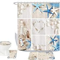 Amagical Blue Starfish Seashell Conch 16 Piece Shower Curtain Bathroom Mat Set Wishing Bottle Love Stone Design Bath Mat + Contour Mat + Toilet Cover + Shower Curtain + 12 Hooks (Blue Starfish)