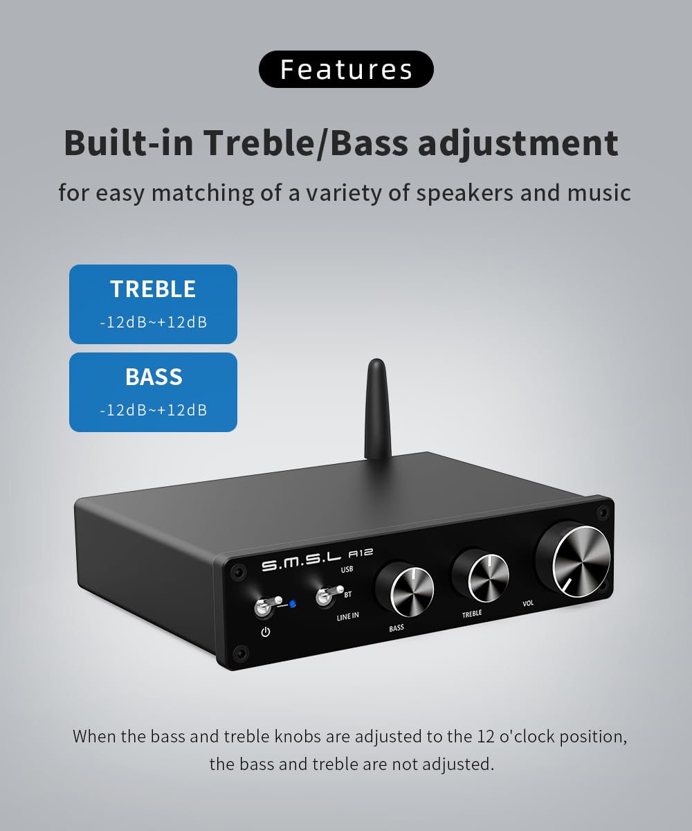 S.M.S.L A12 Bluetooth 5.0 Stereo Audio Versterker, Mini HiFi Klasse D Geïntegreerde 2 Kanaals Power Amp voor Home Speakers met Bass en Treble Control 80Wx2 Infineon's MA12070
