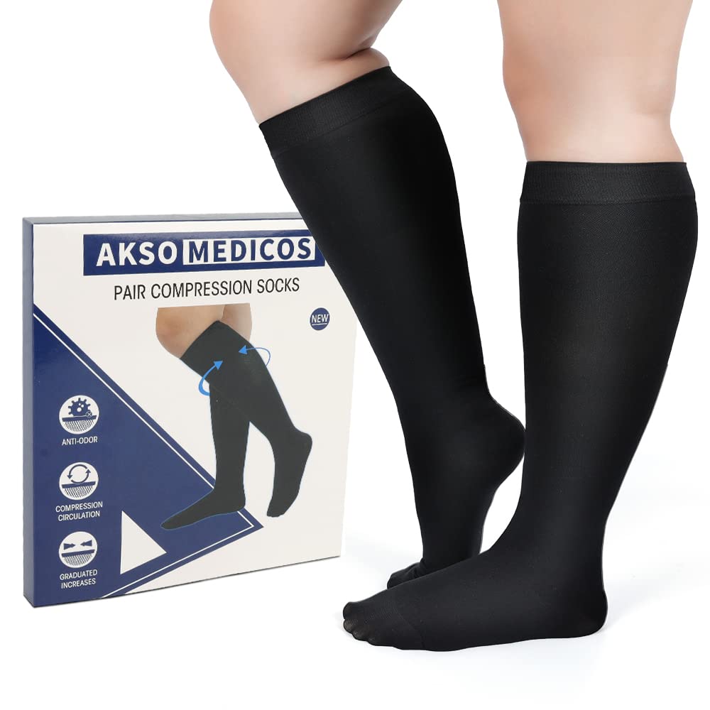 Photo 1 of AKSO MEDICOS Plus Size Compression Socks, 20-30 mmHg Compression Socks for Women & Men, Wide Calf Knee High Stocks for Circulation Support Varicose Veins Swelling Edema,Black 5XL