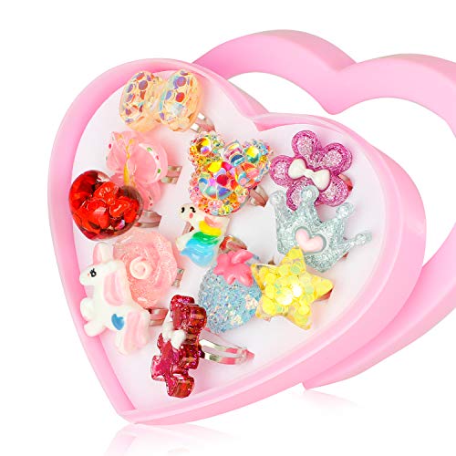 HIFOT 12 pcs Little Girls Adjustable Rings, Princess Jewelry Finger Rings with Heart Shape Box, Girl Pretend Play and Dress up Unicorn Rings for Children Kids
