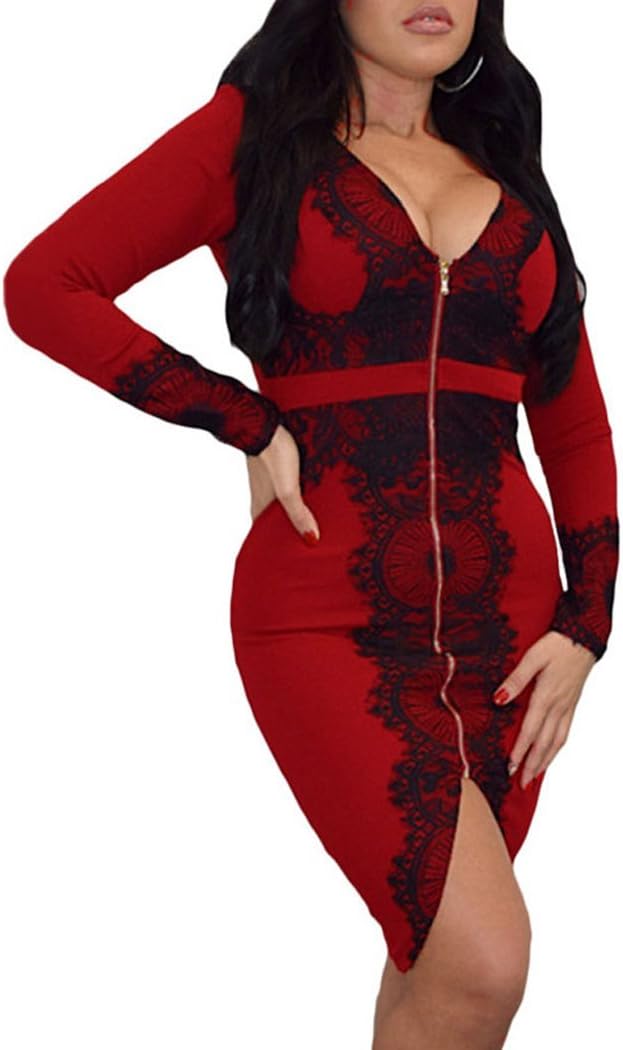Mxtoppy Women Sexy Bodycon Lace Dress Red Night Clubwear Party Cocktail Midi Dress Zip Slit Slim Waist (L)
