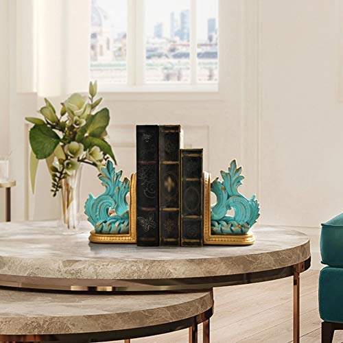 MAGO Abstract Bookends Hand-Carved Traditional Resin Bookends for Shelf Home Office Library Decoration, 1 Pair,Gold/Blue (Color : Blue)
