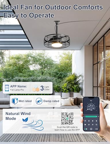 Phylluz Outdoor Ceiling Fan with Lights - 16'' Wet Rated Gazebo Fan Remote/APP Control, Caged Hanging Fan Plug and Play for Covered Patio Porch, Black