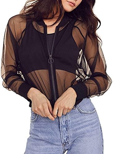 Womens Long Sleeve Mesh Sheer Zip up Bomber Jacket Trench Coat.