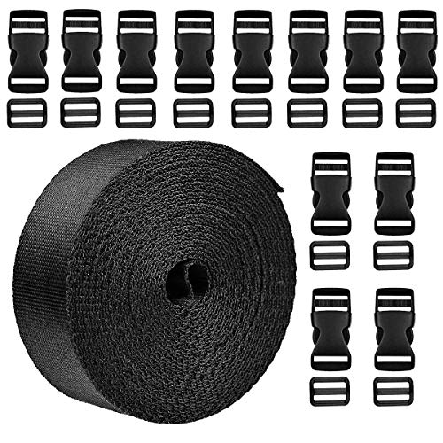 1 Inch Wide 10 Yards Black Nylon Heavy Webbing Strap+12 Set Plastic 1 Inch Flat Side Release Buckles and Tri-Glide Slides for DIY Making Luggage Strap