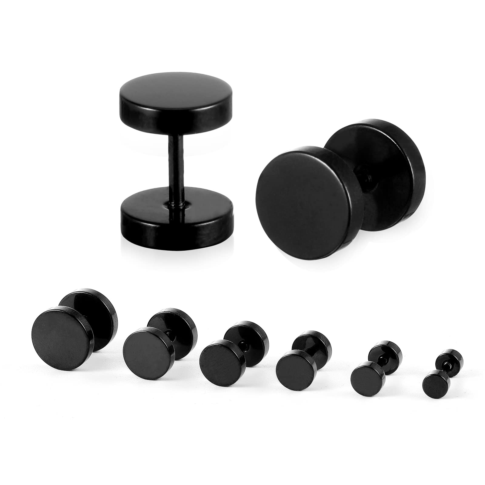 6 Pairs (12 Pieces) Silver Earrings Studs Stainless Steel Ears, Men's Earrings Earrings Studs Set Surgical Steel Fake Ears Plugs Round Barbell Earplugs Flat Disc Earring for Women silver (black)