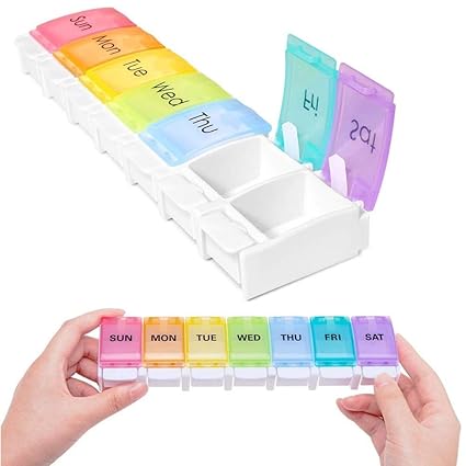 Pillendose 7 Tage Pillenbox Tablettenbox Fächer Rainbow Organizer Große Push Button Wöchentliche Medikamentendose Pille Box C