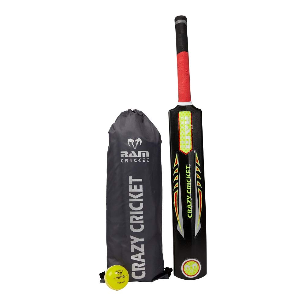 Ram Cricket Crazy Cricket Bat and Ball Set - Durable Plastic Construction with Powerful Hitting Zone – Available in Sizes 6, 4, 2, 0 & Embossed Seamed Softee ball Suitable for Garden, Beach or Park