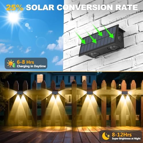 Aplique Solar Pared Exterior, 4 Piezas Luz Solar Exterior Pared Blanco Cálido, Luces Pared Solar con Iluminación en Tres Direcciones, IP65 Impermeable para Patio, Valla, Porche, Garaje
