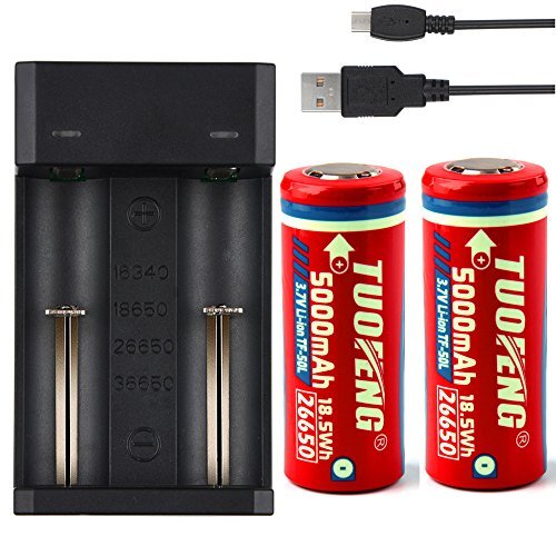 TUOFENG 26650 Battery With USB Fast Charger 3.7V Li-ion Battery 5000mAh Rechargeable Batteries (2 Pack battery)