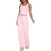 BONITEE Womens Loungewear Set 2 Piece Pajama Sets Summer Sleeveless Crop Tank Tops Wide Leg Pants Lounge Outfits