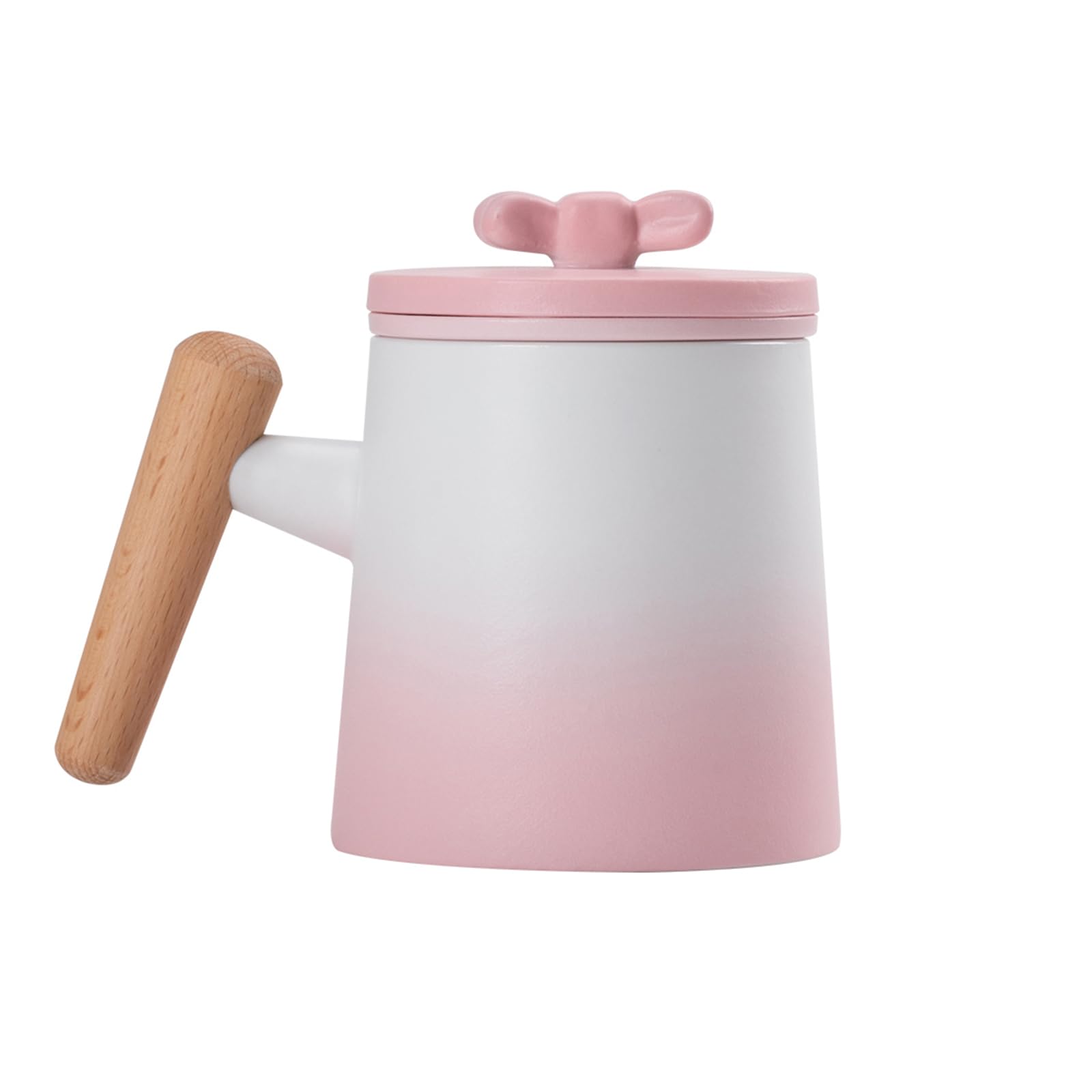 fanquare Porcelain Tea Mugs Gradient White and Pink Tea Cup with Infuser Lid Wood Handle, Steeping Teacup for Home Office 360ML