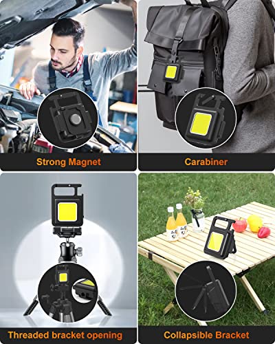 USUNDERY Mini COB Work Light, Rechargeable Keychain flashlights, 4 Lighting Modes with Folding Bracket Bottle Opener/ Magnet Base for Emergency Fishing Walking Camping at Night