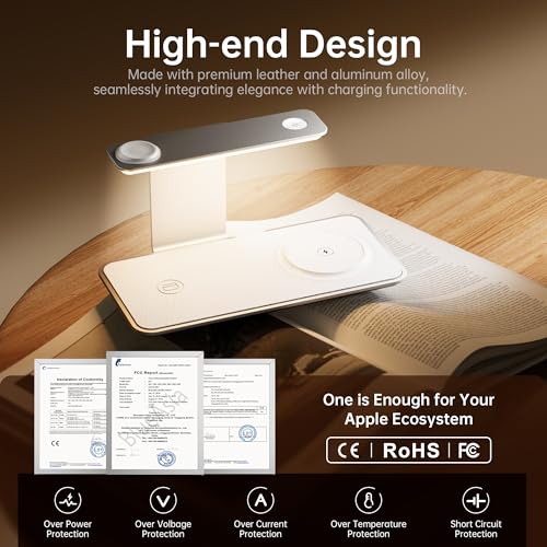 3 in 1 Wireless Charging Station for iPhone 17/16/15/14/13/12, Apple Watch and AirPods, Premium Leather-Look Charging Base with 3-Level Night Light, White