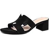 SICARE Square Open Toe Strappy Heels Sandals Low Block Chunky Heeled Sandals Slip On Slide Mules Sandals Comfortable Casual Black White Tan Dress Sandals for Women, Black, Size 8