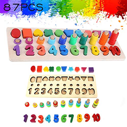 Montessori Wood Blocks Puzzle Board Set for Toddler Preschool Kids, Learning & Educational Toys for Number Counting, Colors Stacking, Shape Sorting, Early Education Toy