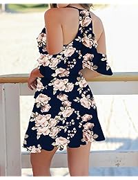 Bigyonger vestido floral con hombros descubiertos, cuello en V, mangas con volantes, mini vestidos