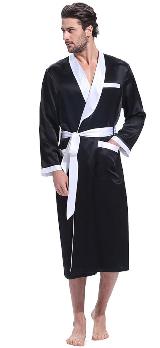 LILYSILK Men's Silk Dressing Gown Long Robe Shawl Collar Contrast