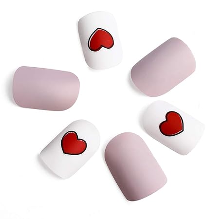 LIARTY 24 Pcs Falsche Nägel Rotes Herz Weiß Nackte Farbe Volle