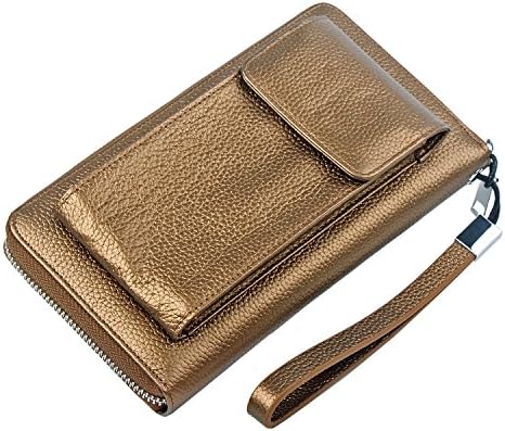 GreBag Women's Pebbled Leather Zip Wristlet Wallet Phone Case Fit iPhone 6 Plus Bronze