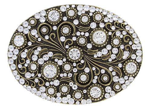 Antique Brass Oval Engraved Full Crystal Rhinestone Belt Buckle