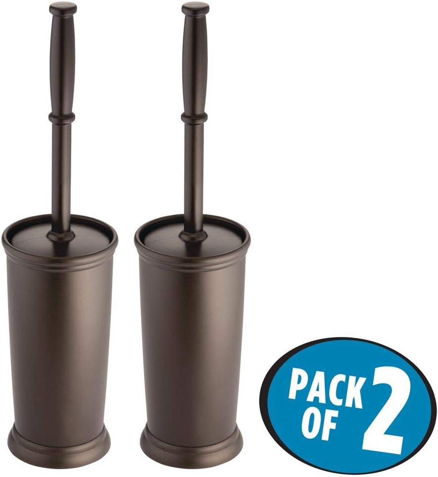 mDesign Compact Freestanding Plastic Toilet Bowl Brush and Holder for Bathroom Storage and Organization - Space Saving, Sturdy, Deep Cleaning, Covered Brush, 2 Pack - Bronze: Home & Kitchen