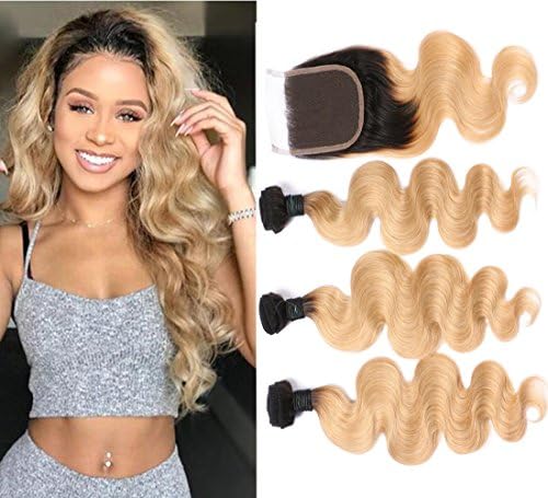 Human Hair Extensions with Lace Closure 1b-27 Blonde Ombre 2 Tone Dark Roots Body Wave Double Weft