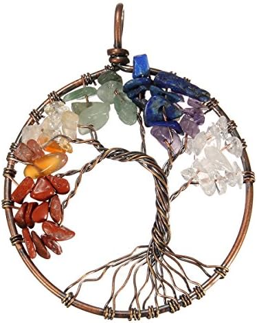 Chakra Stones,Tree of Life Pendant,BANGCHIC Amethyst Rose Crystal Necklace Gemstone Chakra Jewelry Mothers Day Gifts (Red bronze)