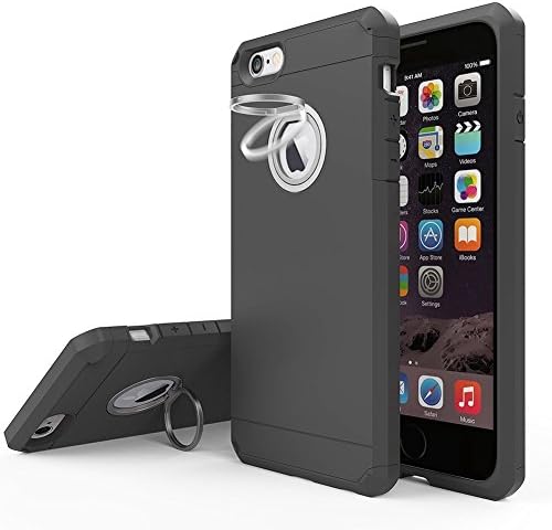 iPhone 6 Case, TOP COVER Heavy Duty Shock Absorbing Ultra Protective Hard Case with Built-in 360 Rotating Grip Ring Holder Kickstand for iPhone 6 (4.7-Inch) [Black/Black]