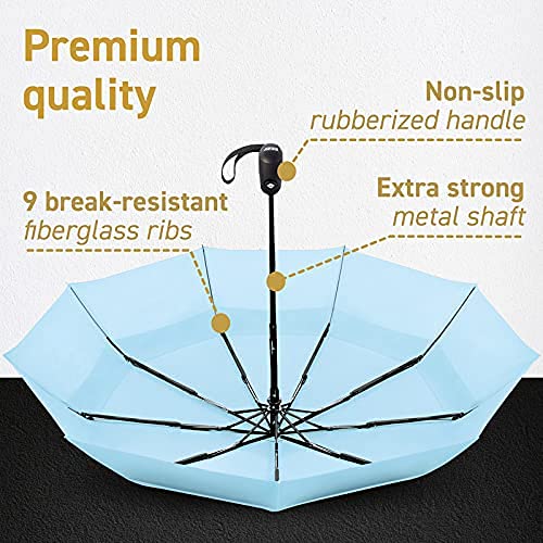 Windproof Travel Umbrellas for Rain - Lightweight, Strong, Compact with & Easy Auto Open/Close Button for Single Hand Use - Double Vented Canopy for Men & Women
