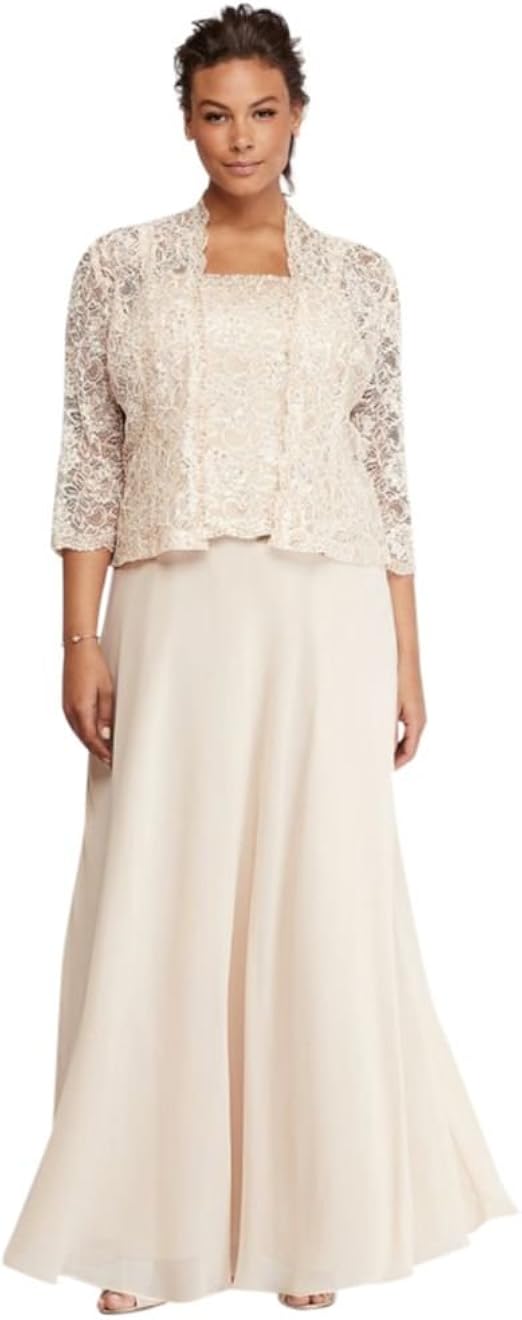 Petite Plus Size Mother of Bride/Groom Dress with Sequin Lace Jacket Style ES76540DB, Champagne