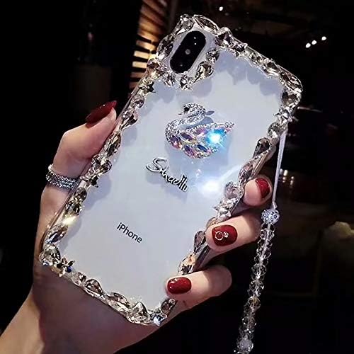 Case for iPhone 7 Plus,Cistor Luxury 3D Handmade Bling Diamond Frame Glitter Jeweled Rhinestone Swan Crystal Long Neck Strap Protective Case Transparent Hard PC Back Cover for iPhone 7 Plus/8 Plus