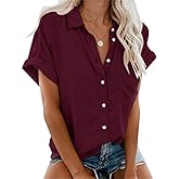 Womens Short Sleeve Casual Button Down Shirts Summer Soft Fashion Cotton Blouses Tops with Pocket