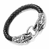 Leather Mens Bracelet 8 1/2 Inches with Locking Stainless Steel Dragon Head Clasp, Black Silver