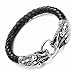 Leather Mens Bracelet 8 1/2 Inches with Locking Stainless Steel Dragon Head Clasp, Black Silver
