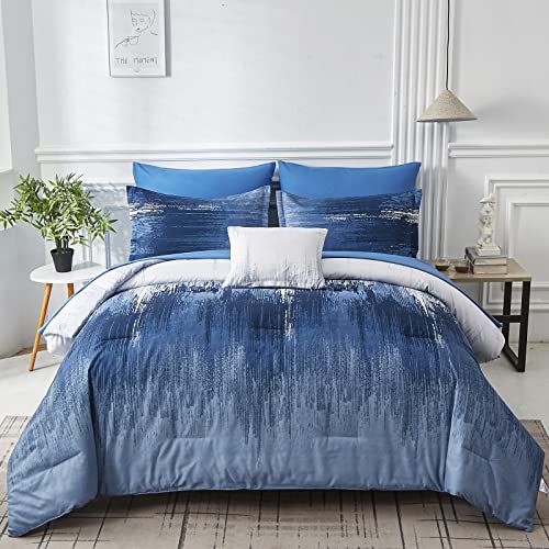 Dinjoy Ombre Blue Comforter Set Full Size Reversible Gradient Blue Grey Boho Bedding Set for Men Women 8 Pieces Bed in A Bag Bohemian Bed Set with Com