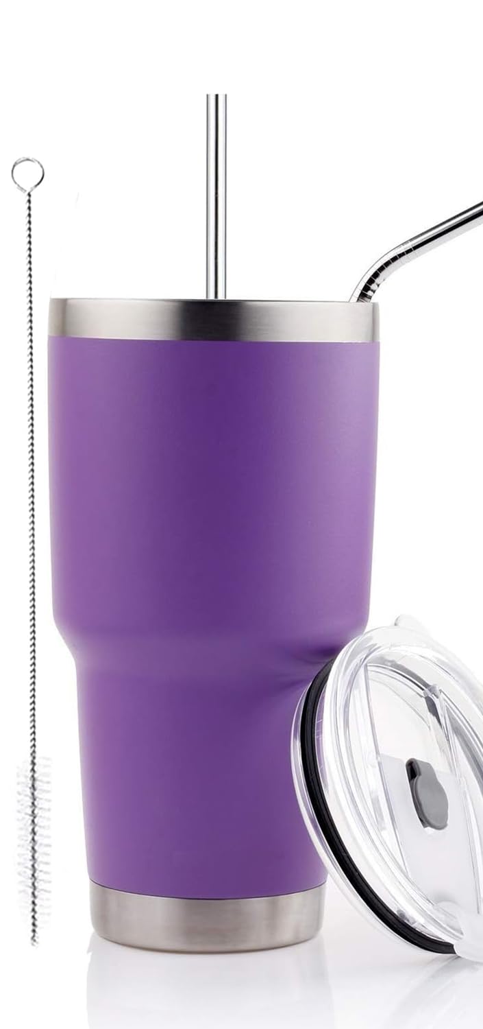 D·S 30oz Purple Tumbler Stainless Steel Double Wall Vacuum Insulated Mug with Straw and Lid, Cleaning Brush for Cold and Hot Beverages (30oz Purple)…