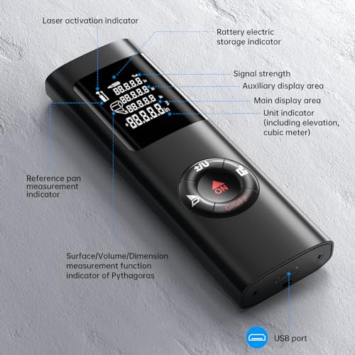 IPSXP 60M 196Ft USB Rechargeable Portable Mute Laser Meter with LCD Digital Backlit Display, Calculation of Distance, Area, Volume, Pythagoras, Addition and Subtraction
