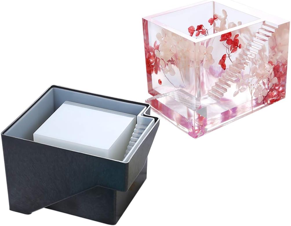 FineInno Resin Silicone Molds Casting Mold Epoxy Resin Molds Round/Square Stair Mold for DIY Ashtray, Pen Holder, Storage Bowl (Square Stair Mold&Black Fixed Frame)