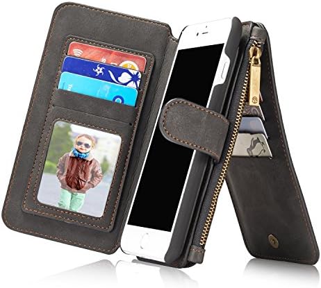 RAYTOP iPhone 7 Plus Leather Case With 15-Slots Wallet [Inside Phone Cover Can Be Removed] See Through ID Card Holder Kickstand Function Vintage Magnetic Button Classic (Black for iPhone 7 Plus)