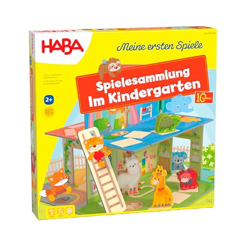 HABA Kindergarten Games Collection - 10 Various Play Ideas - Large 3D Playhouse with 5 Wooden Figures - Ages 2+ - Item Number 2011718001