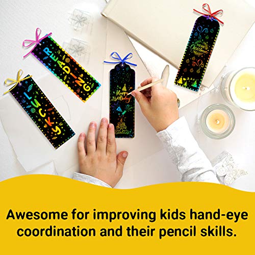 Koogel 48Pcs Art Bookmarks for Kids, 3 Kinds Craft Bookmarks Scratch Art Party Favor Rainbow Bookmark for Childrens Painting Art Creation Painting Teaching