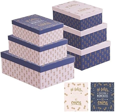 Dcasa - Juego 3 cajas regalo diseño piñas con frase SER FELIZ - Rosa: Amazon.es: Hogar